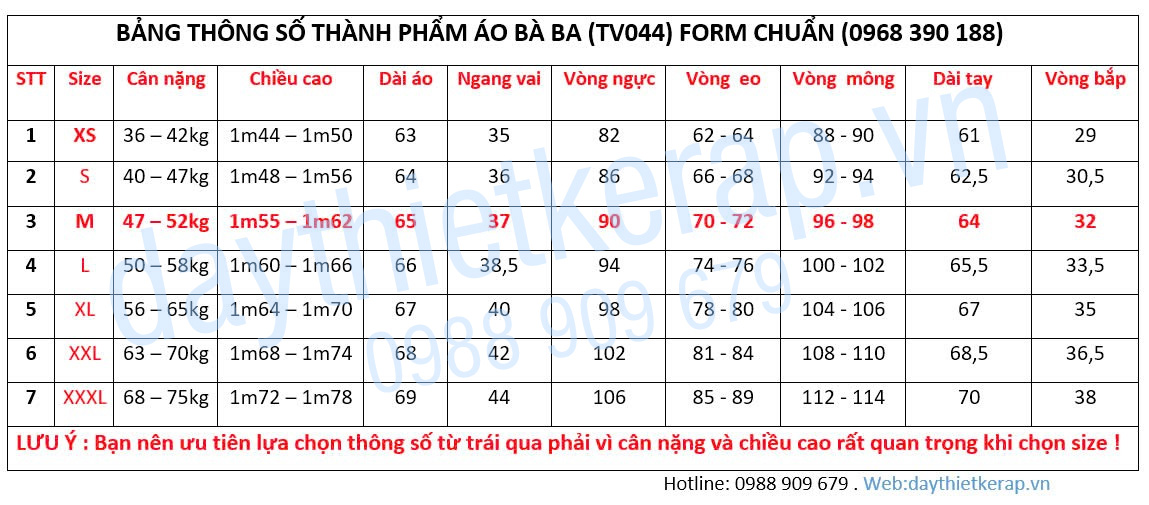 Thông số áo bà ba form chuẩn