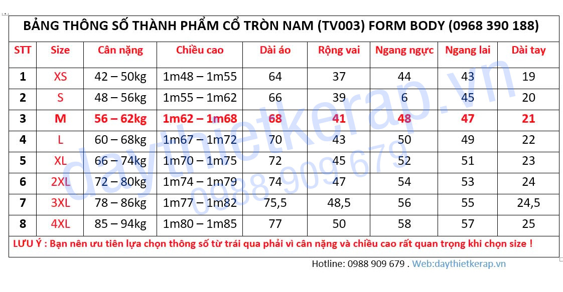 Thông số áo cổ tròn nam body form chuẩn