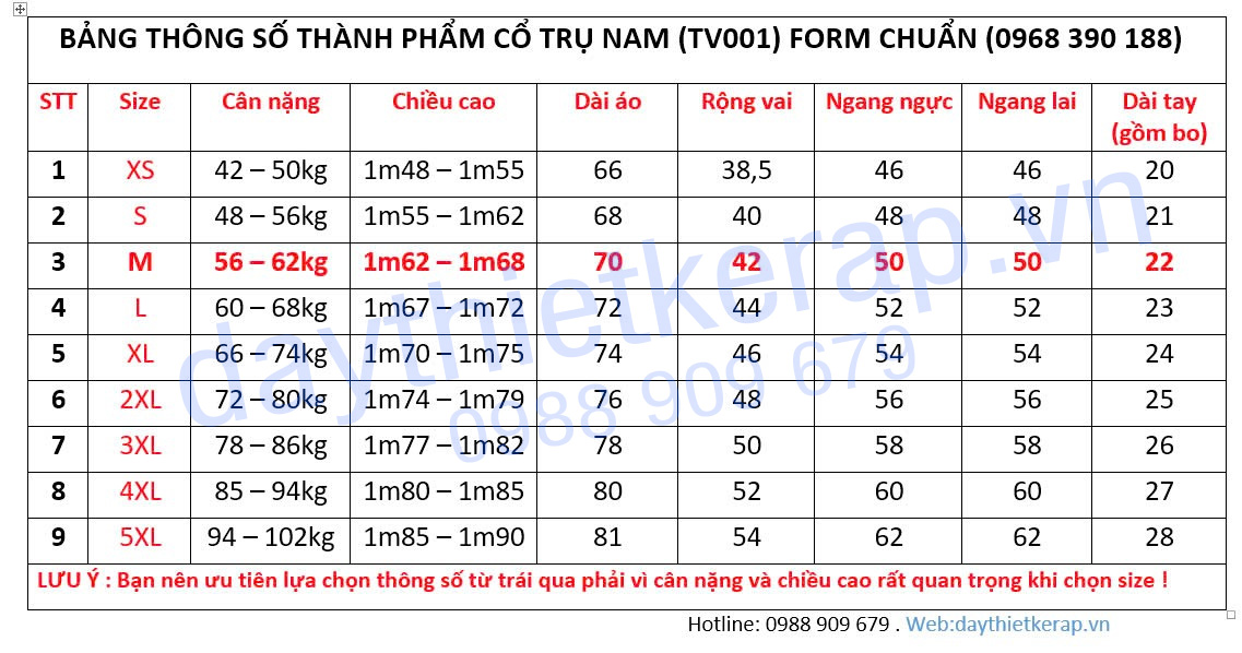 Thông số áo cổ trụ form chuẩn.