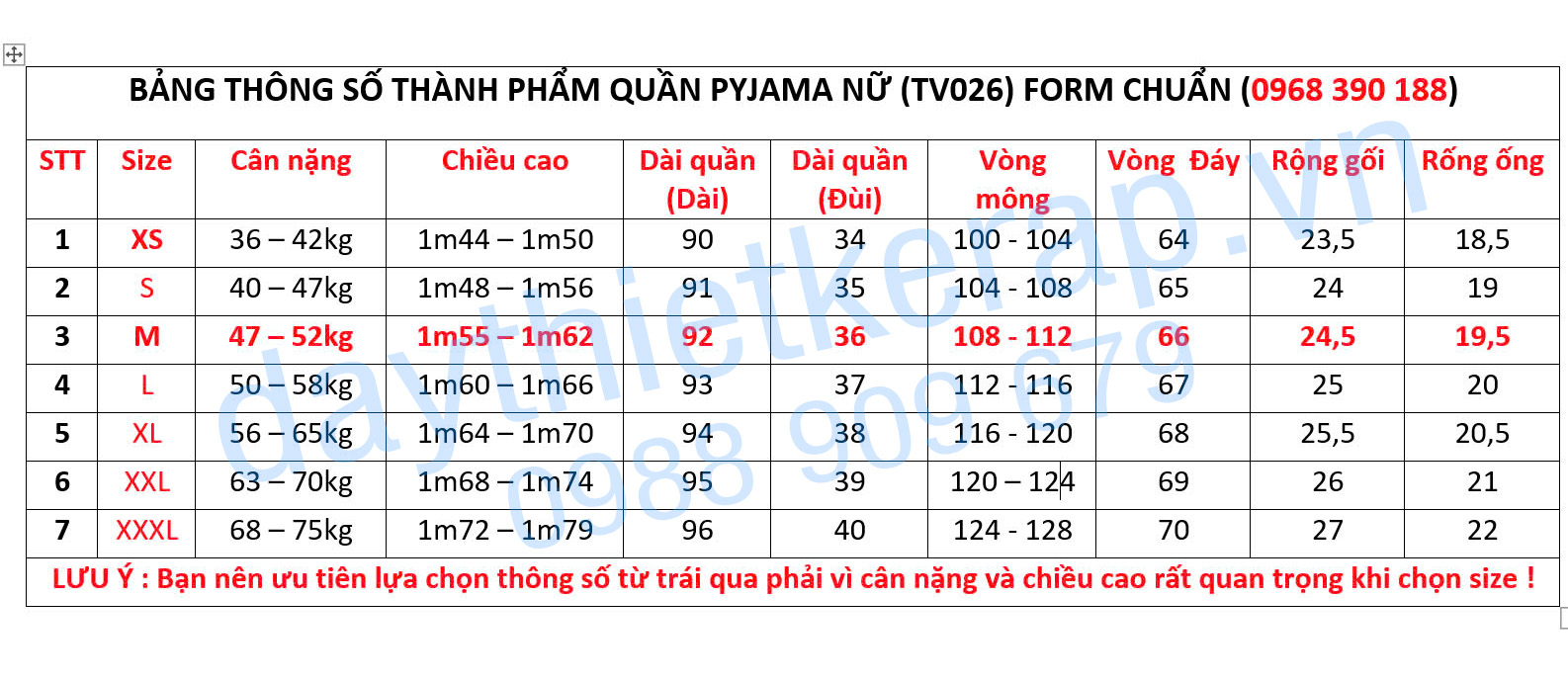 THÔNG SỐ ĐỒ BỘ PYJAMA