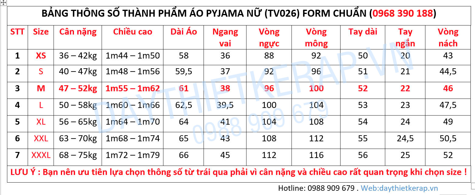 THÔNG SỐ ÁO PYJAMA FORM CHUẨN 