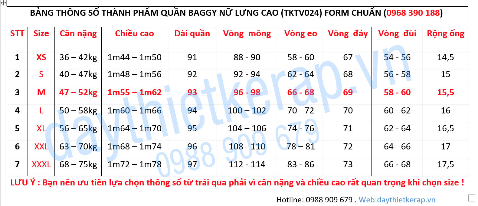 THÔNG SỐ QUẦN BAGGY NỮ 2LY FORM CHUẨN