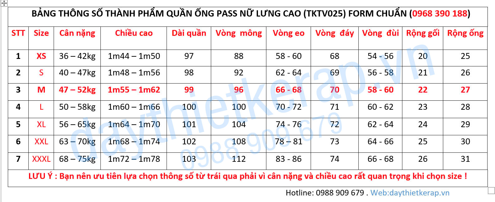 THỐNG SỐ QUẦN ỐNG PASS NỮ LƯNG CAO