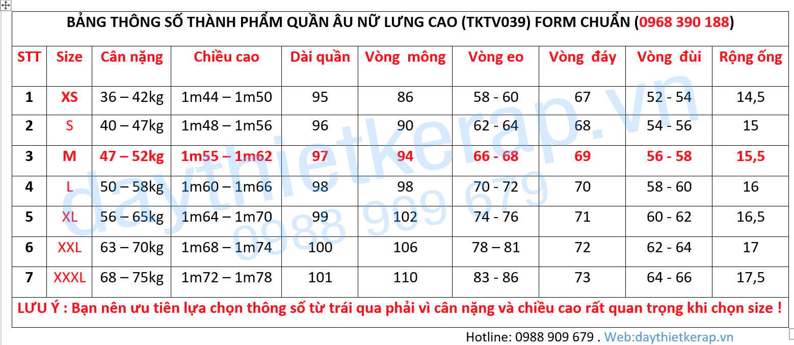 THÔNG SỐ QUẦN ÂU NỮ LƯNG CAO FORM CHUẨN