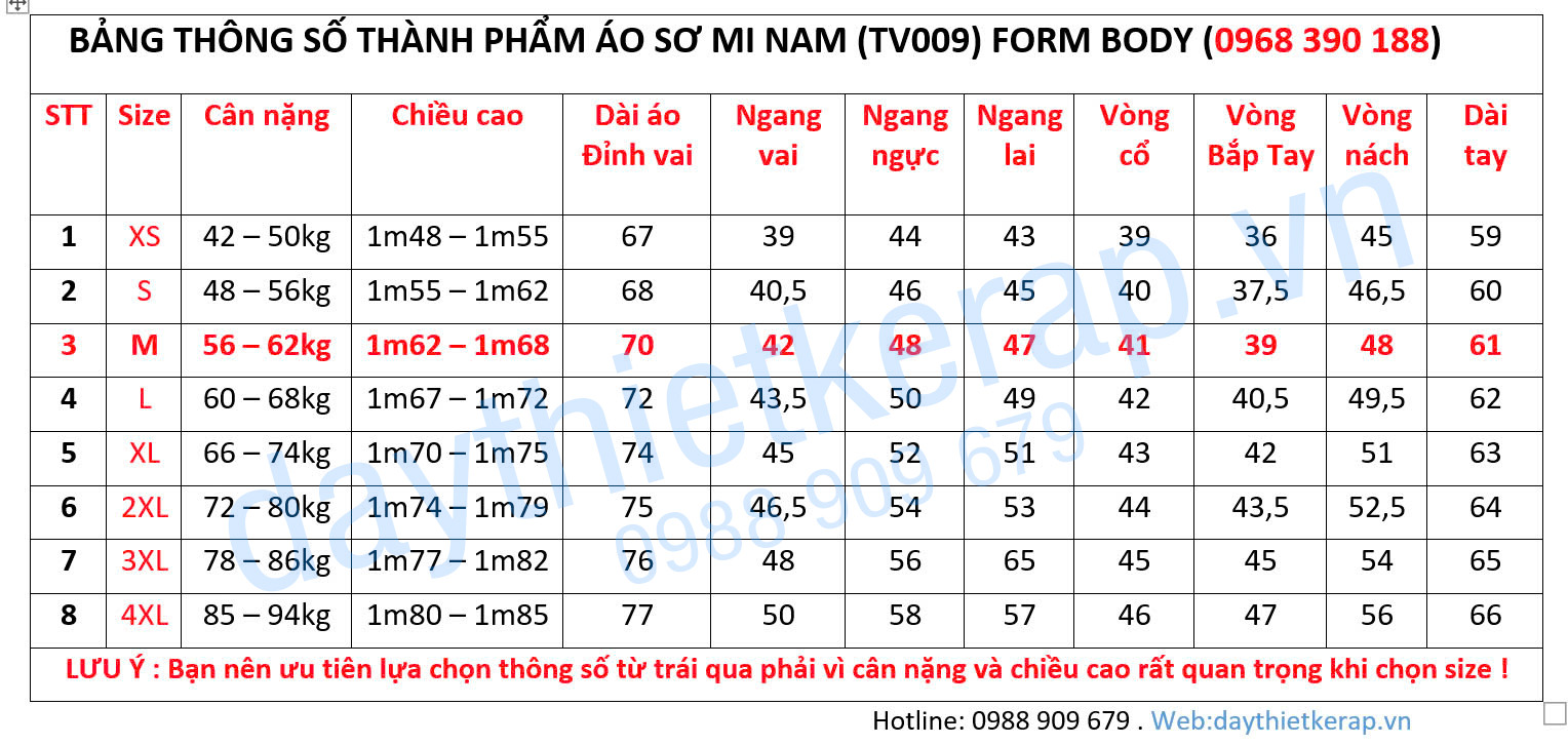 thông số áo sơ mi nam body form chuẩn 