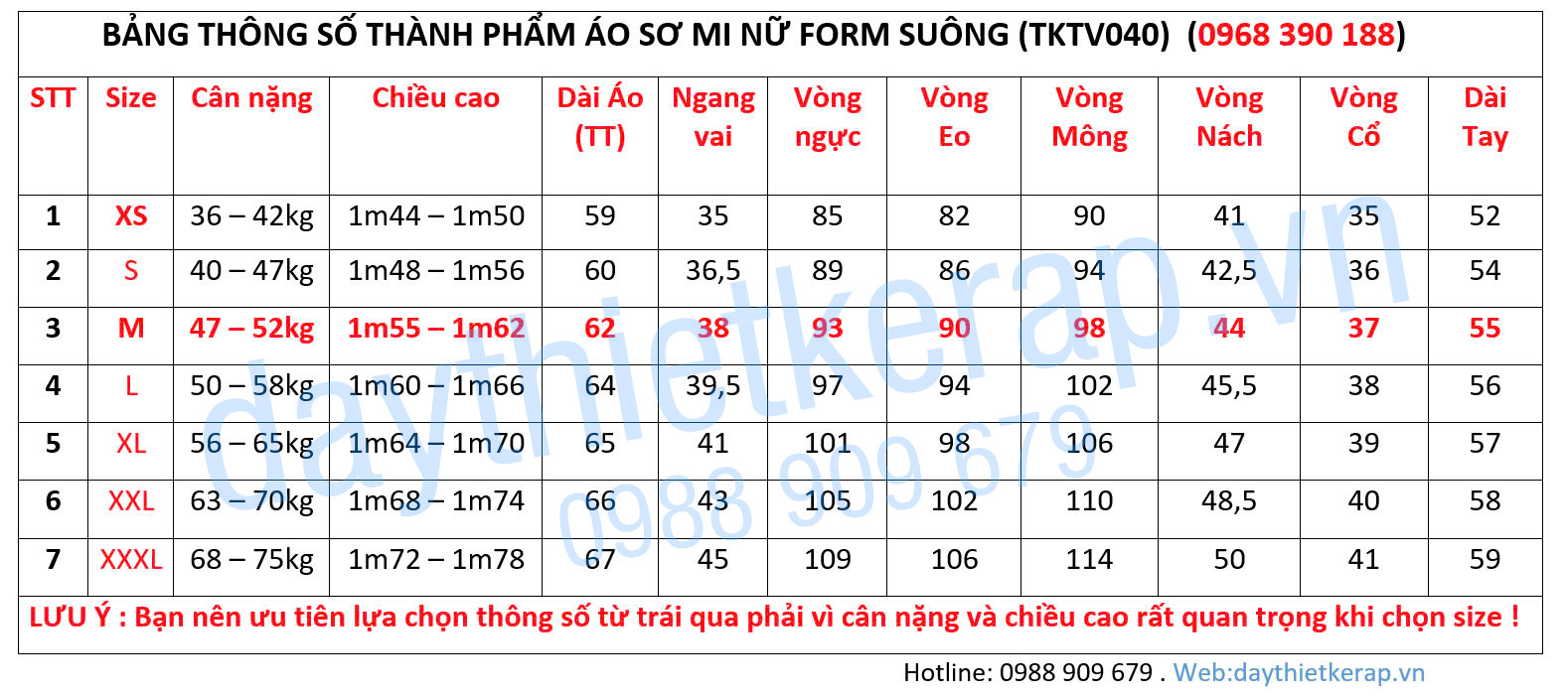 THÔNG SỐ SƠ MI NỮ FORM SUÔNG